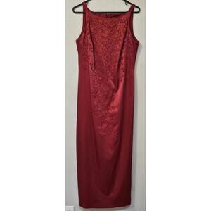 Vintage 90s Red Formal Dress Size 10 Beaded Stretch Satin Square Neck Fitted